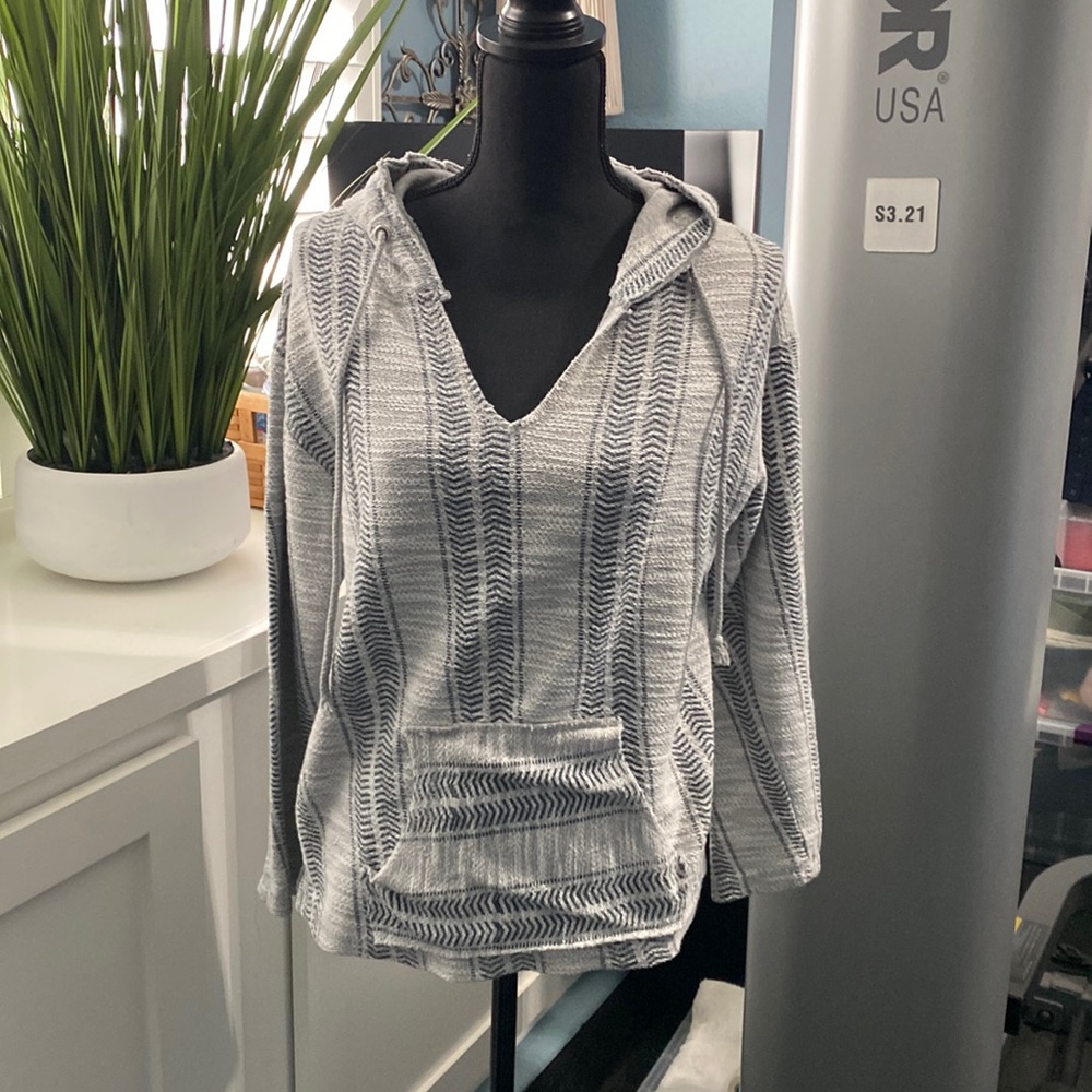 Beach by Exist Coastal Textured Shirt Hoodie Top Kangaroo Pocket x Striped Sz S